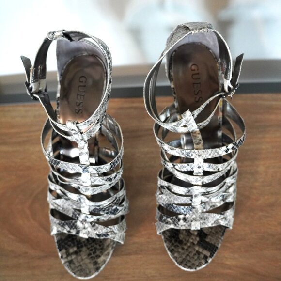 GUESS Open Toe Gladiator Snake Skin Platform Heels - Picture 3 of 9